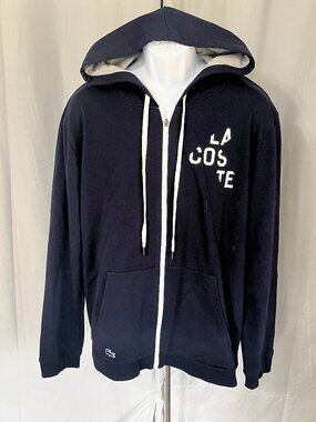 🐊 Lacoste Men’s Navy Blue White Full Zip Hooded Shirt XL EUC 🔥